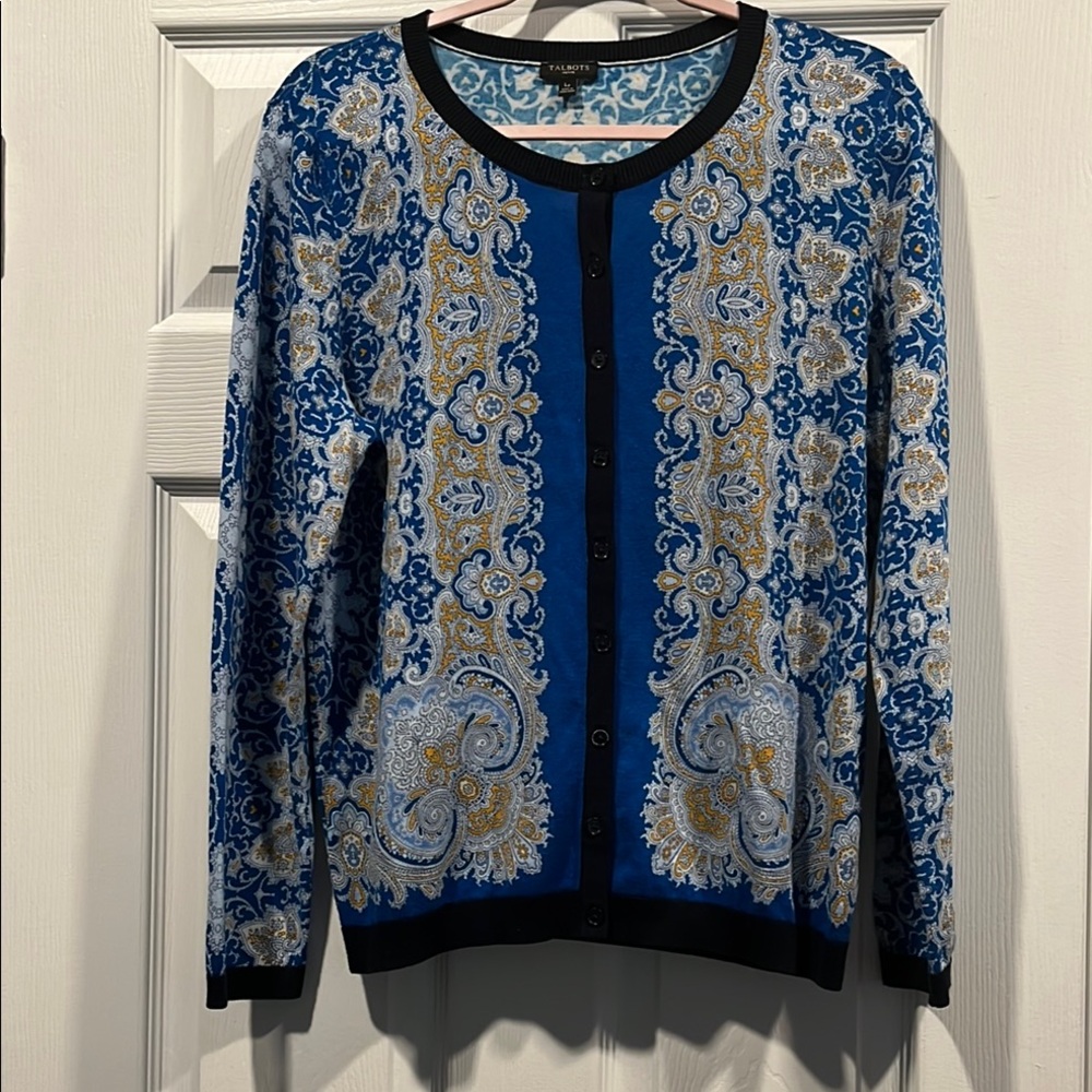 Talbots  Petite‎ Blue and Gold Cardigan with Intricate Patterns Size Lp